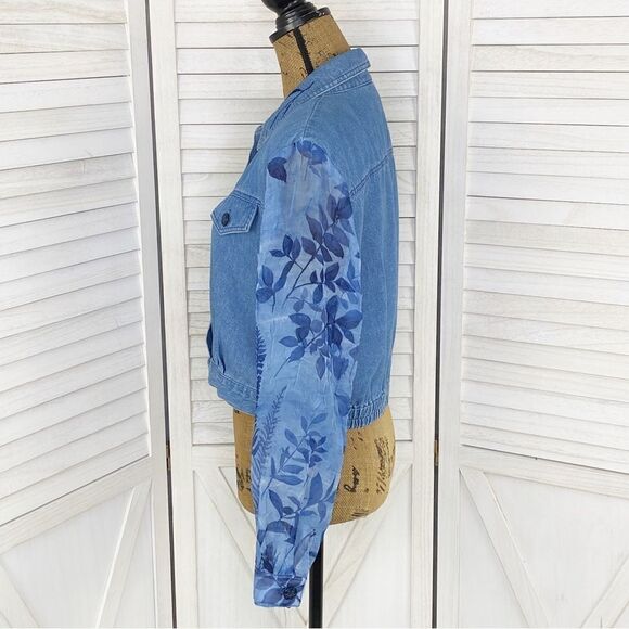 Nancy Bolen City Girl Embroidered Chambray Sheer Sleeve Crop Shacket Blue 10P - Picture 2 of 14